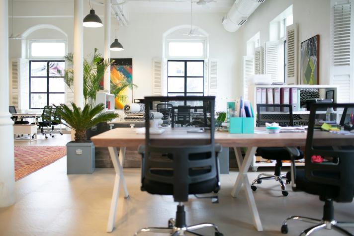 Photo of an office with different type of furniture. Black chairs, white walls, and plants.
