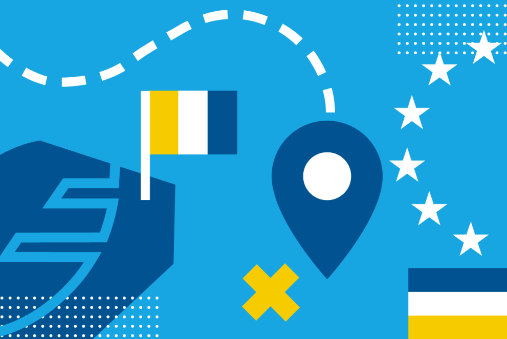 animated picture to reflect EMAS in your country - blue background with icons of a flag, dashed line, pin, EU flag